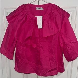 Harshman Marie  Pink Ruffled Boxy Blouse with Bib Collar